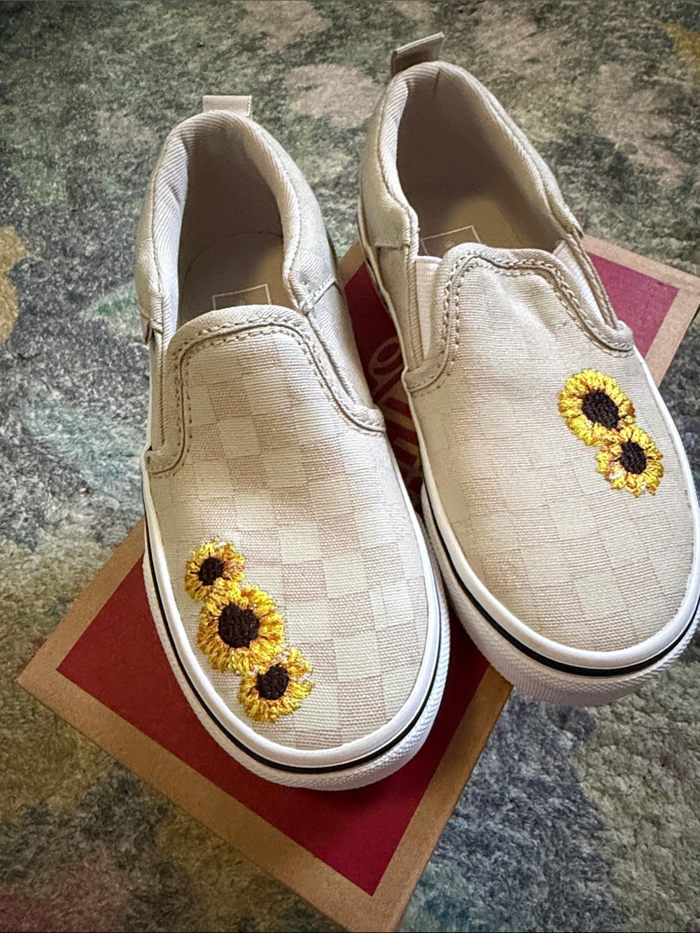 Kids Beige Checkered Vans with Sunflower Embroidery